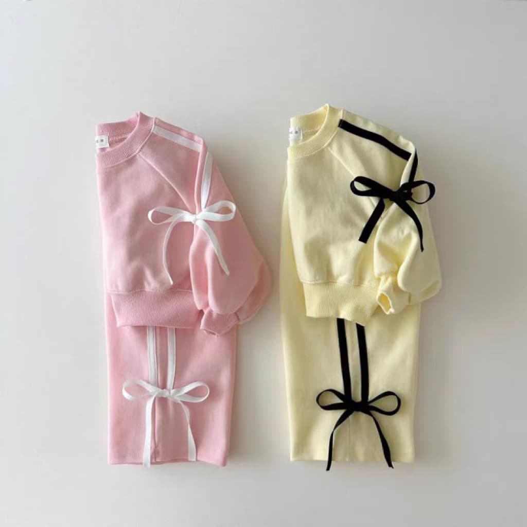 Korean Style Ins Long Sleeve Top and Pants Spring Autumn Sporty Baby Girl Bow Stripe Patchwork Sweatshirt Set Two-Piece Outfit
