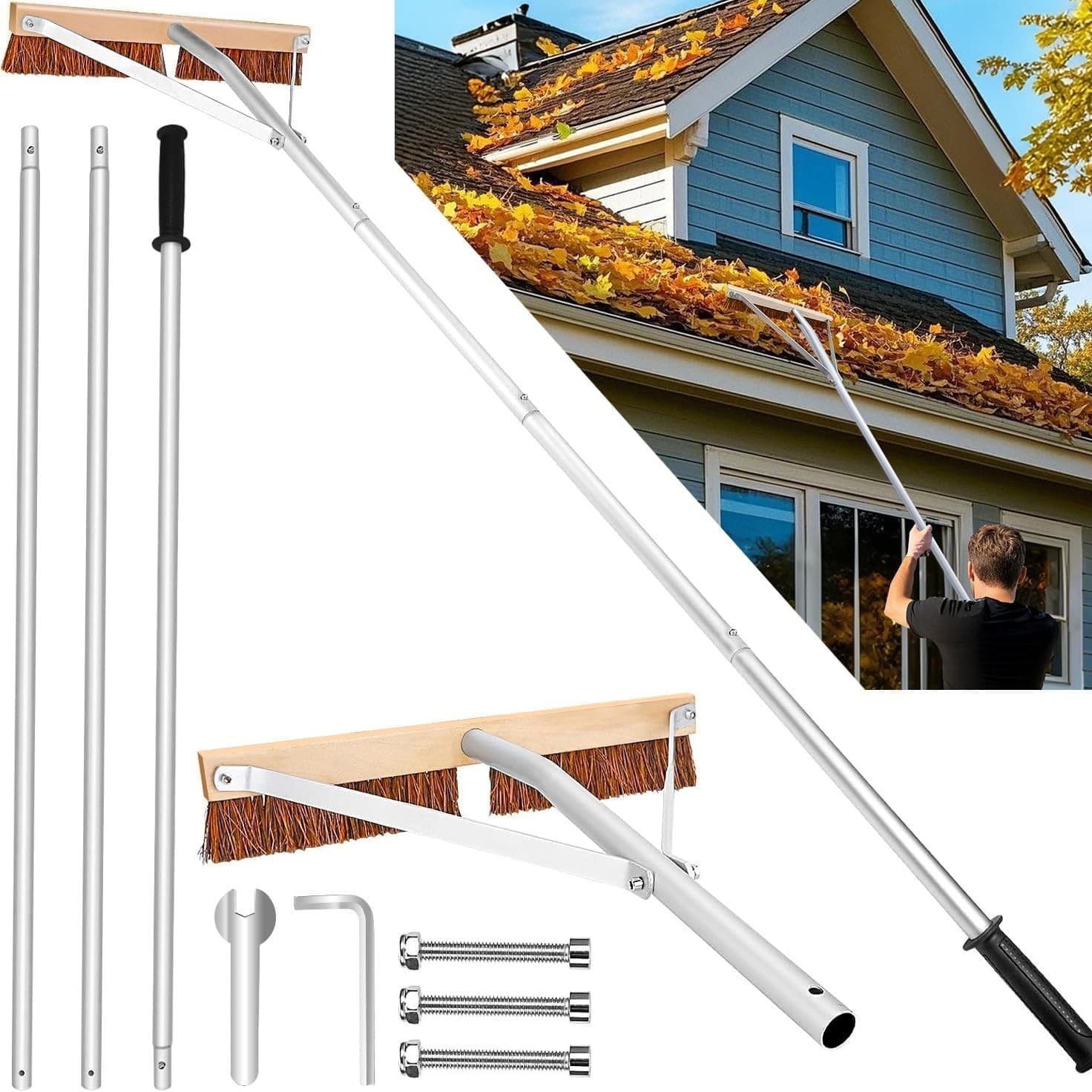 Leaf Roof Brush and Roof Rake Adjustable length roof cleaning tools are lightweight, easy to use and easy to store