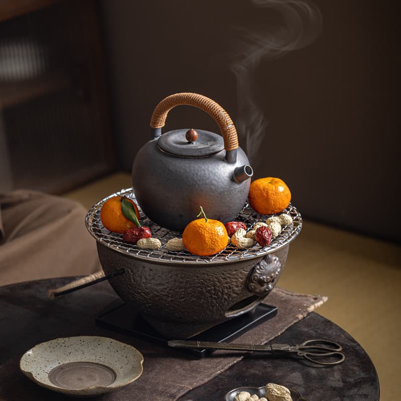 Antique-style Coarse Ceramic Tea Set with Charcoal Stove, Kung Fu Tea Maker, Heating Stove for Outdoor Camping and BBQ