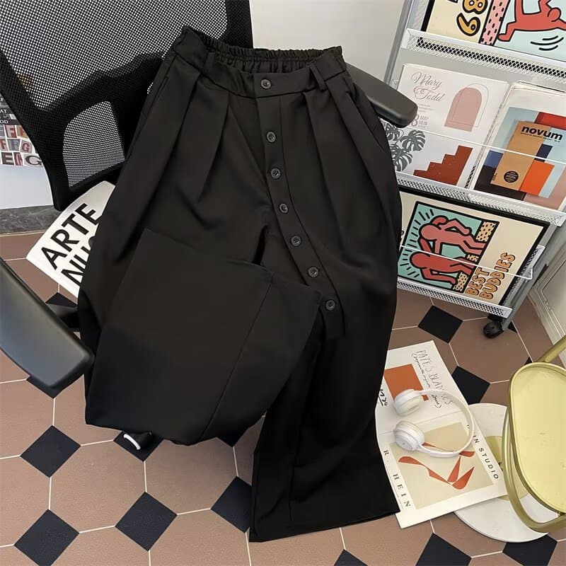 American retro minimalist niche silhouette button drape wide trousers and charcoal gray loose casual trousers