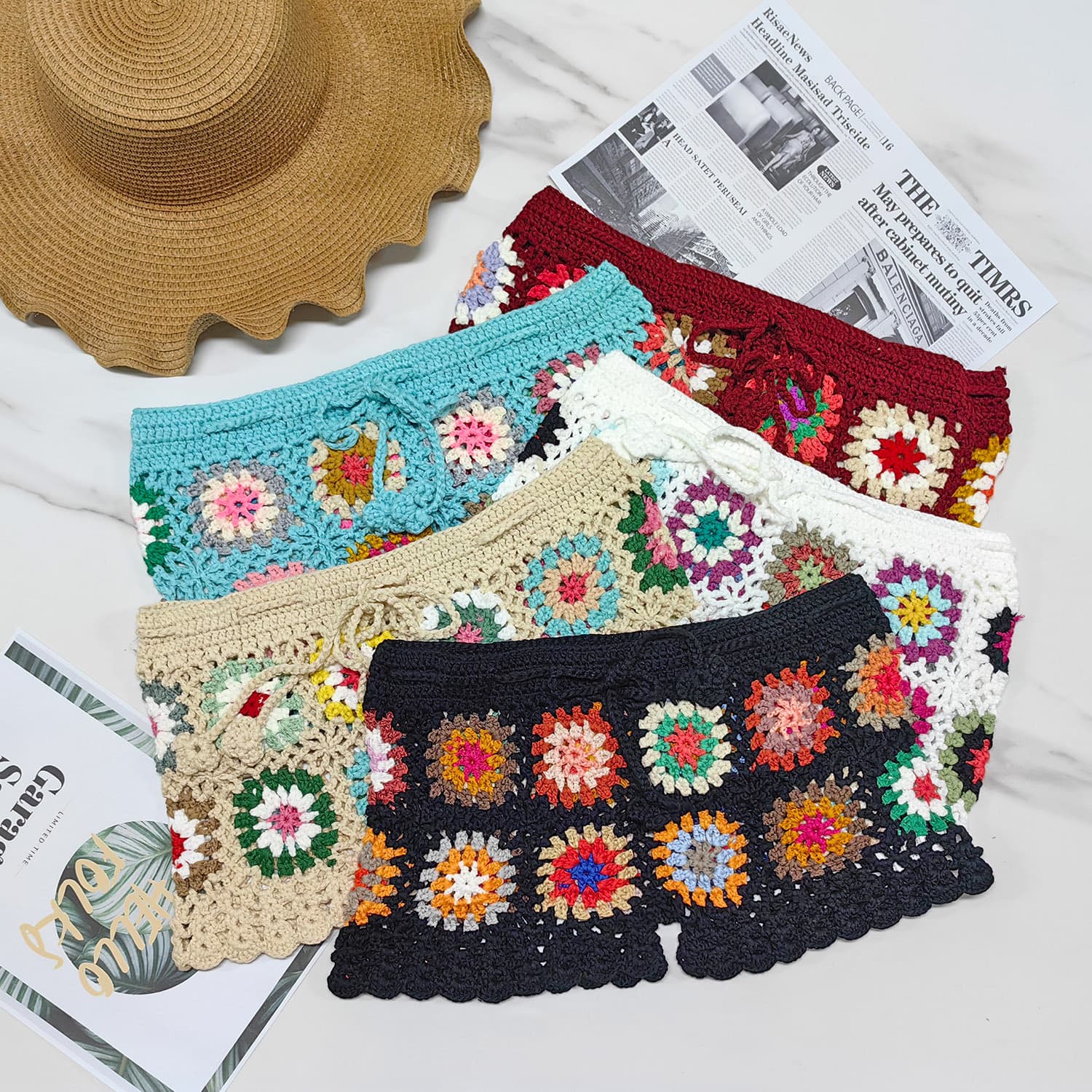 Beach Shorts Cross-Border European and American Women's Clothing Color Random Crocheted Flower Patchwork Granny Plaid Hip Hot Pants