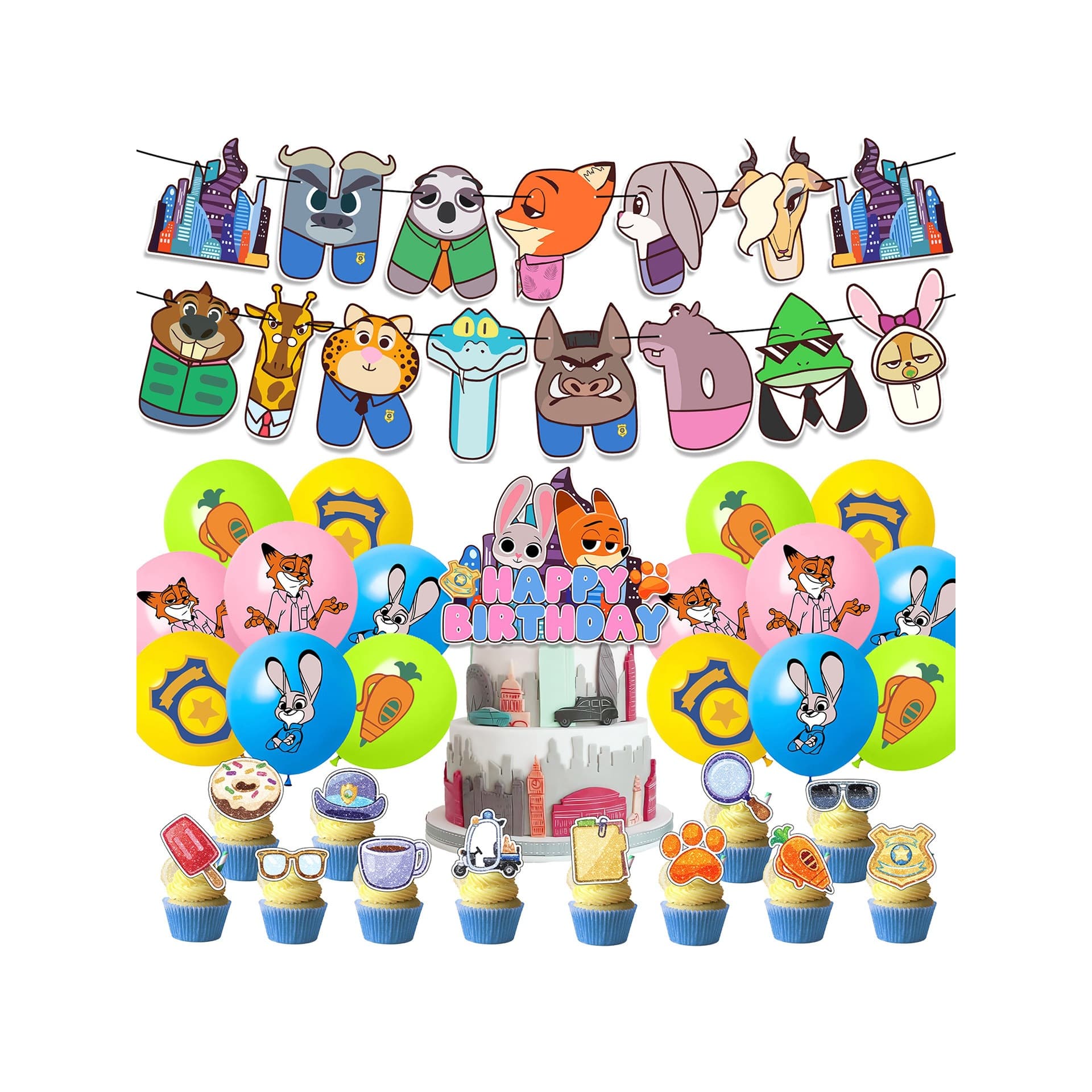 Zootopia 2 Kids Birthday Theme Party Decoration Birthday Banner Cake Topper Latex Balloon Set