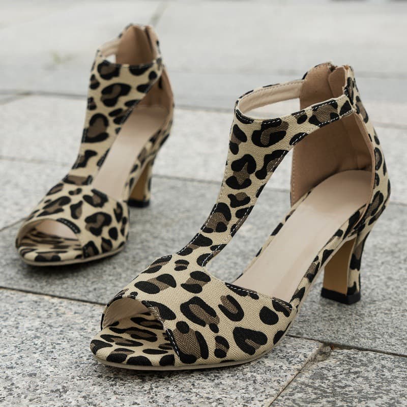 T-Strap Side-Open Sandals for Women, European and American Fashion, Back Zipper, Peep-Toe Heeled Sandals, Plus Size, High Heels for Summer Outdoor Wear