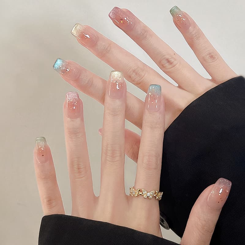 Handmade Wearable Nail Art Stickers Rainbow Cat Eye Nails Medium-Long Length High-End False Nails Finished Product Wholesale