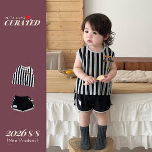 Korean-style Summer Fashionable Set for Boys, Vertical Striped Sleeveless Vest and Casual Shorts Two-Piece Set for Toddlers and Young Children