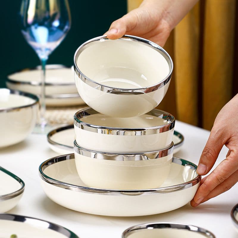 Nordic Light Luxury Bowl and Plate Set for Home Use, Gold-Rimmed Thickened Creative Ceramic Bowls and Plates, High-End New Style Tableware