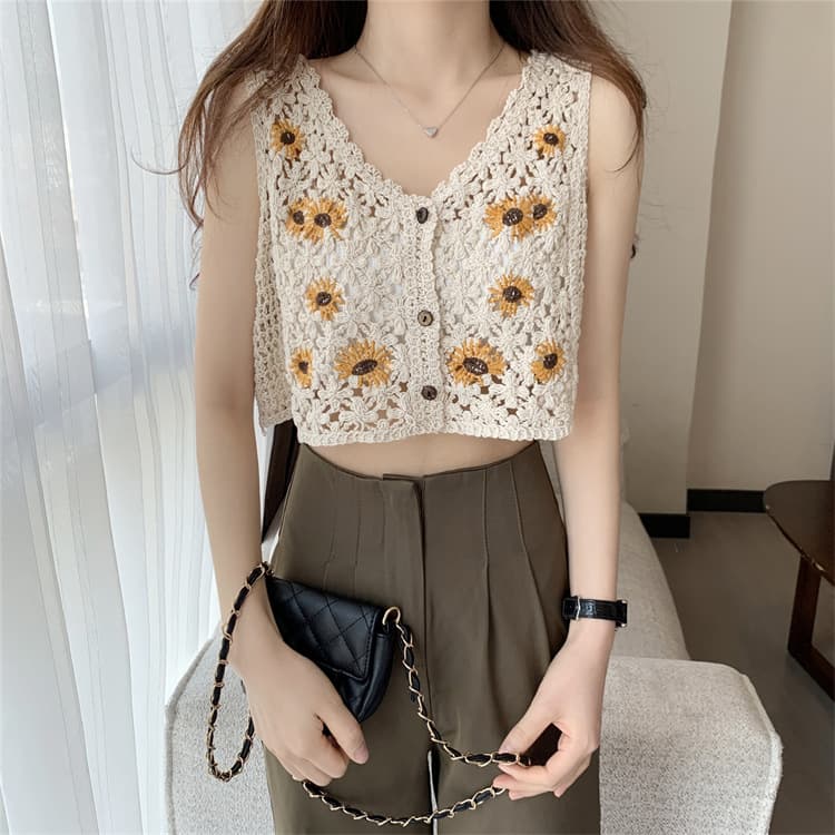 Short Ethnic Embroidery Vest Cardigan V-Neck Open Front Hollow Out Sleeveless Embroidered Waistcoat Women's Top