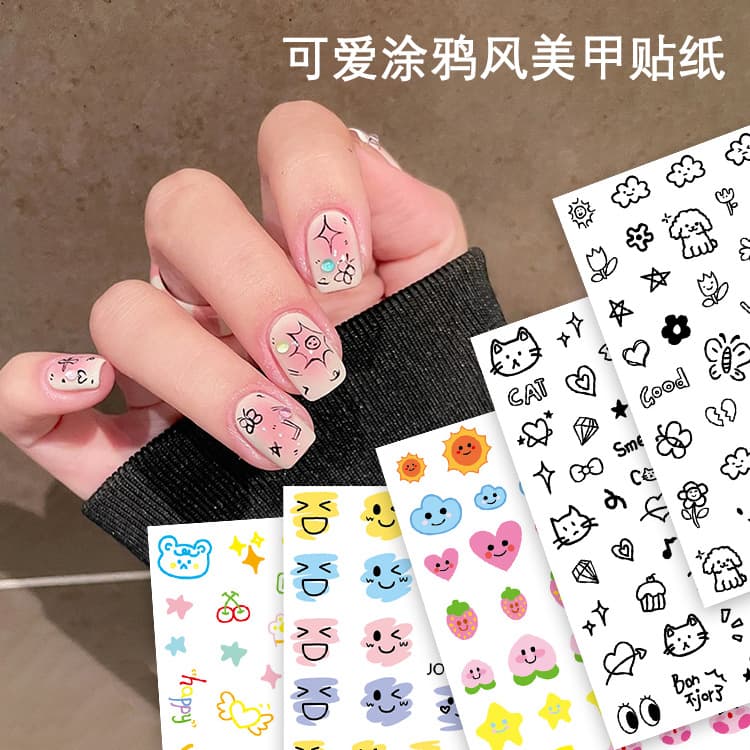 Nail Stickers Cute Graffiti Style Cartoon Cat Dog Rabbit Candy Color Line Star Nail Adhesive Decals