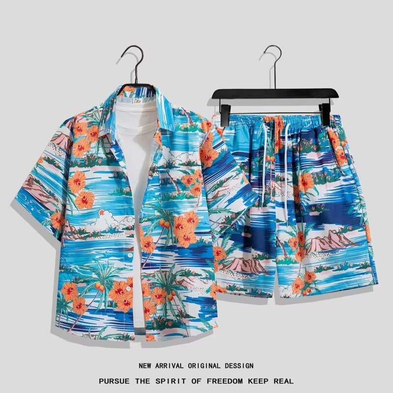 Hawaiian Style Shirt Men's Ins Summer Loose Short-sleeved Shorts Suit Trendy Handsome Beach Floral Lovers Clothes