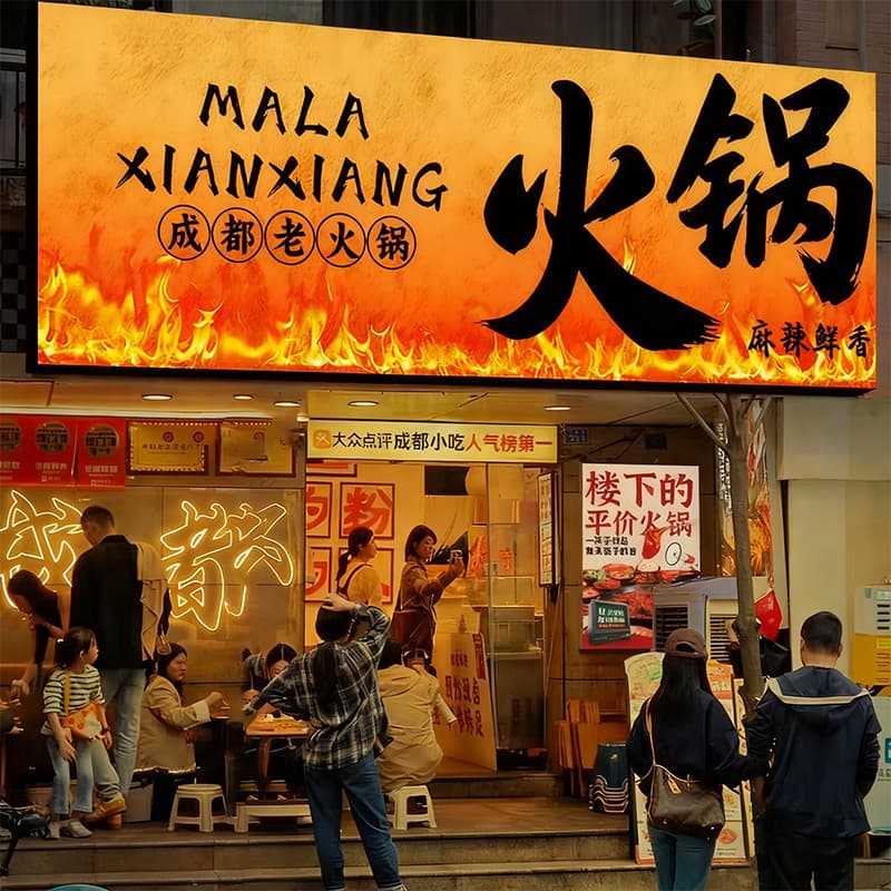 New Dynamic Flame Light Box Custom Design for Hot Pot Restaurant Storefront Signage, Barbecue Shop Advertising Signage with Multiple Effects