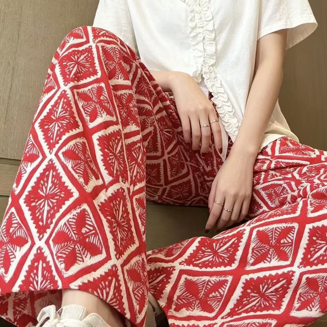 Cotton Silk Pajama Pants for Women, Summer Thin Cotton Silk Cropped Wide Leg Pants, Printed, Wearable Outside, Plus Size
