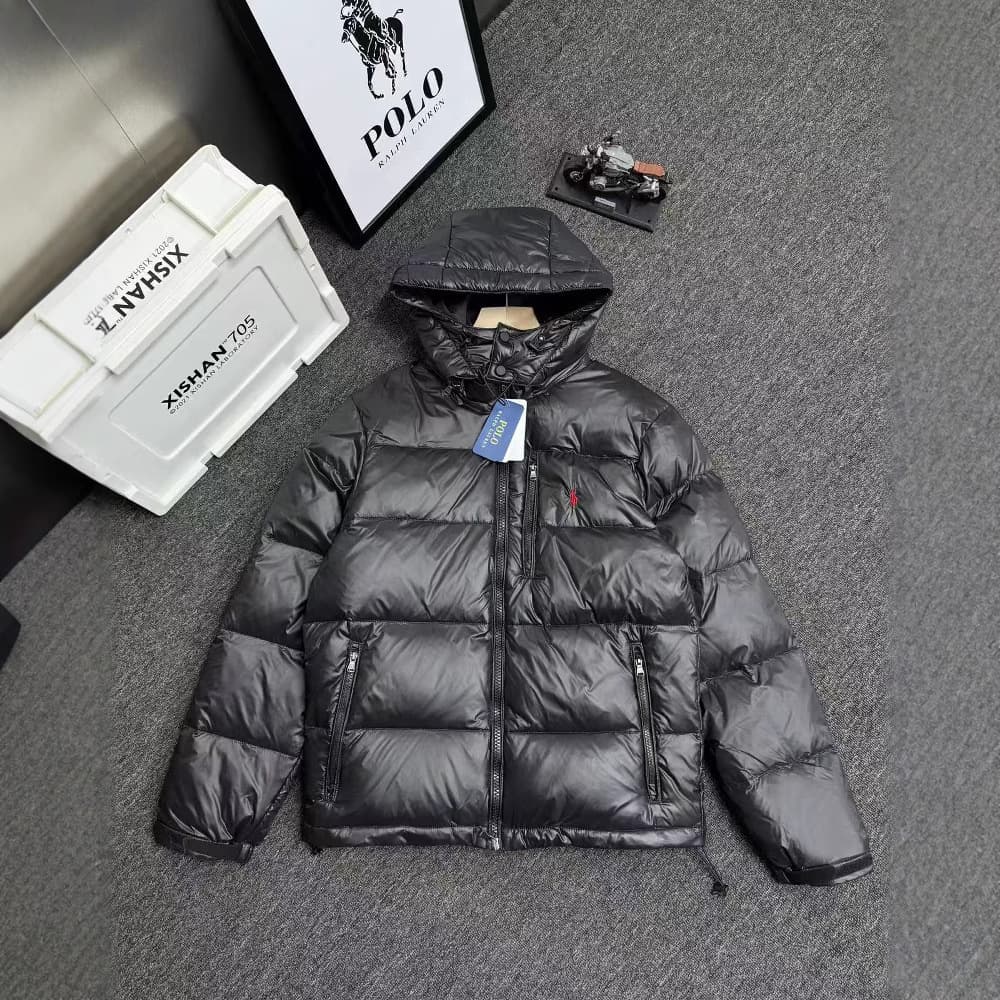 European Polo down jacket, Ralph down jacket with detachable hood, classic pony design.