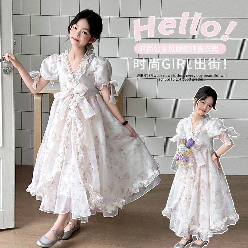Girls French Floral Print Dress Summer Bubble Sleeve Princess Dress Children Long Maxi Skirt Outing Gown