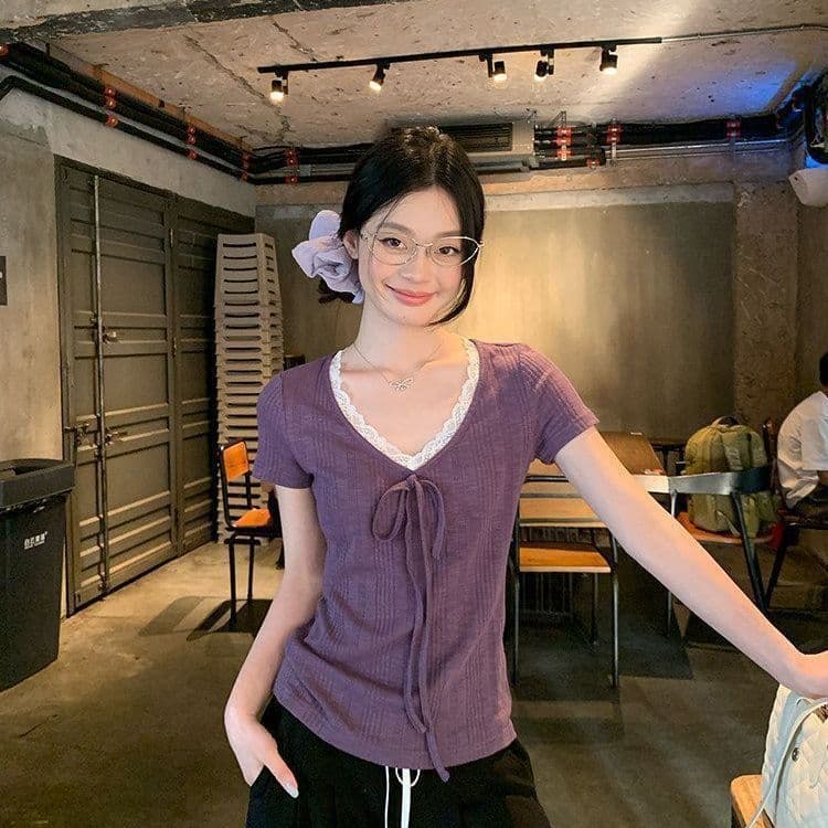 New Summer Purple V-Neck Lace Tie Short Sleeve T-Shirt for Women, Korean Slim Fit Cropped Top, Shoulder-Emphasizing Versatile Blouse