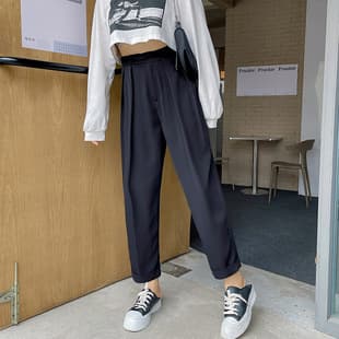 Ankle-Length Plus Size Pants, Loose Fit, Tapered Leg with Elastic Waist and Pleats, Trousers, Plus Size Women's Clothing K1557