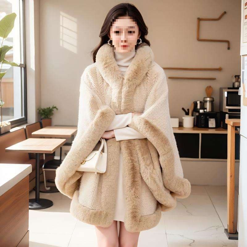 Fluffy Hooded Cape Shawl Big Fur Collar Cloak Plush Thick Warm Winter Solid Color Coat Women