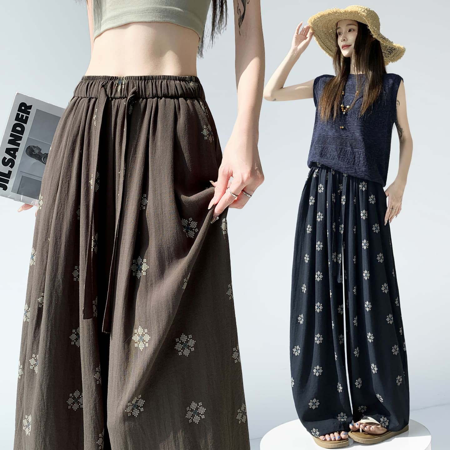 Vintage Style Ice Silk Linen Printed Balloon Yamamoto Wide Leg Pants for Women Summer Relaxed Linen Curved Casual Pants