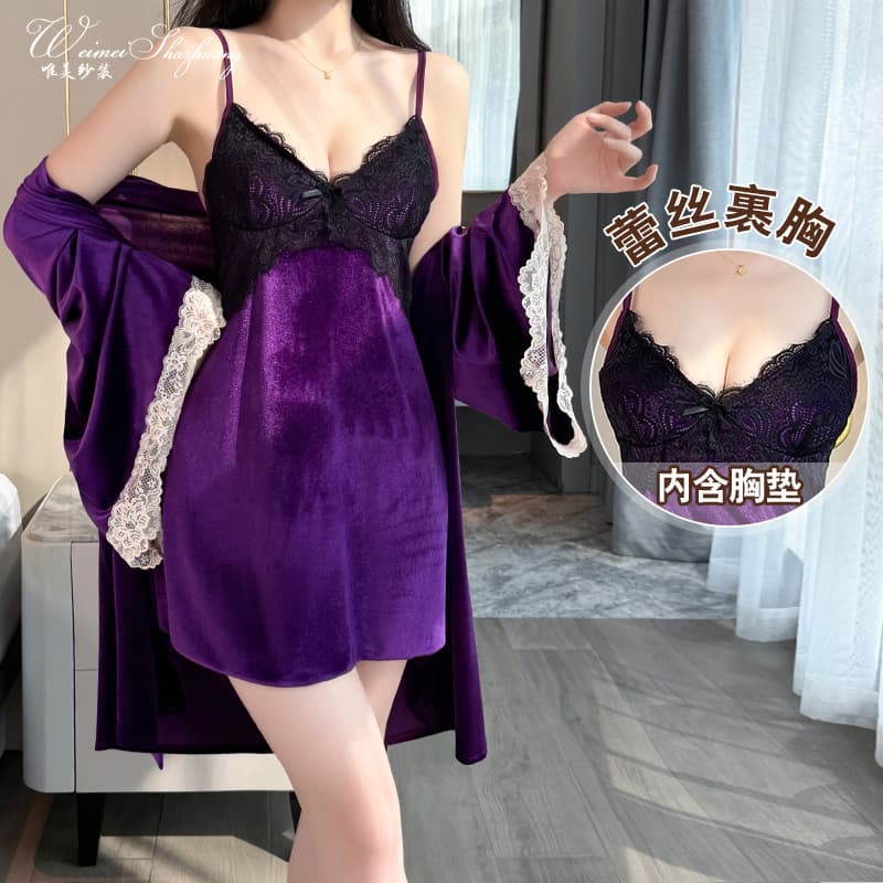 Sexy Lace Camisole Nightgown Women Deep V Alluring Contrast Velvet Loungewear Set Pure Desire Style Sexy Pajamas