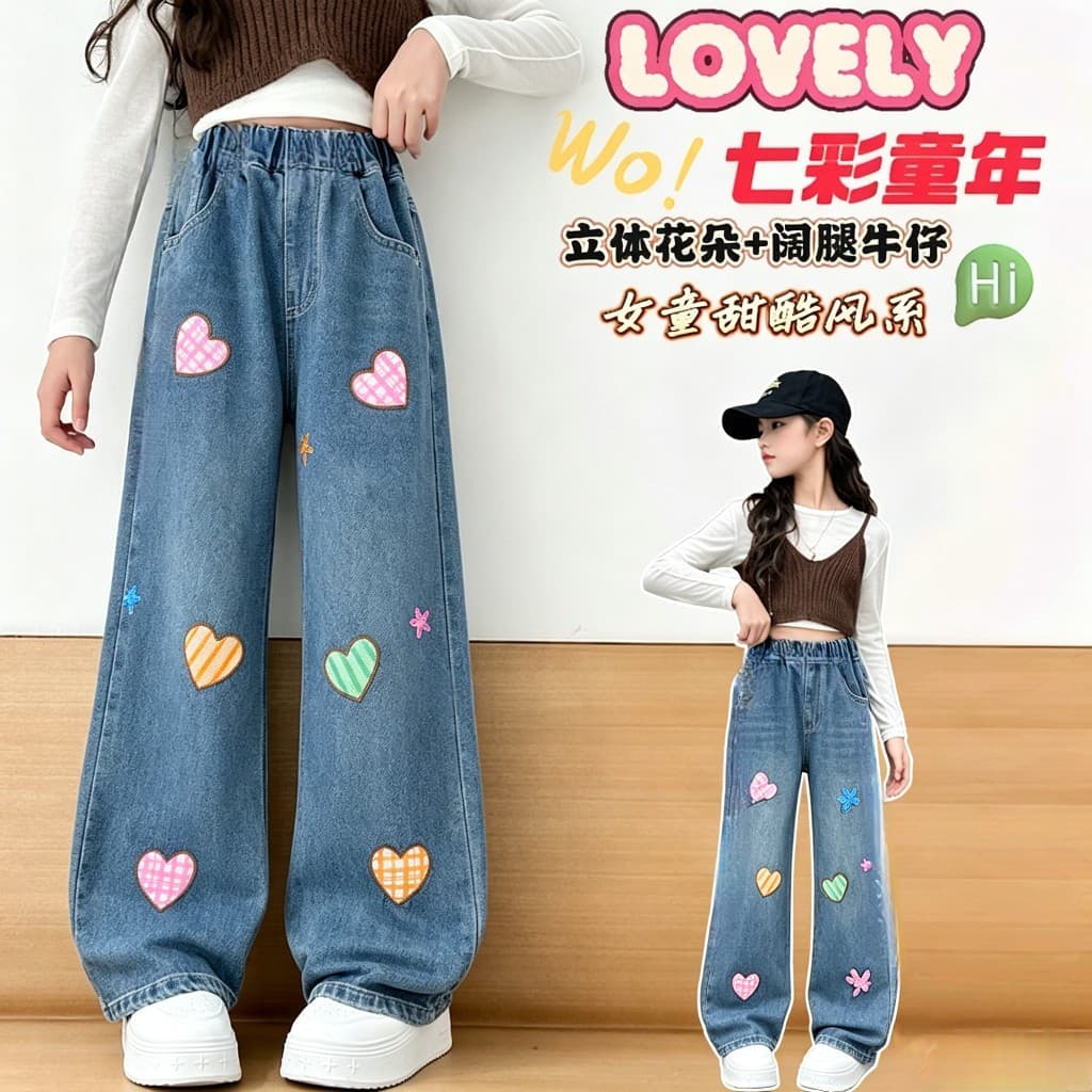 New Girls' Spring and Autumn Versatile 3D Heart Print Jeans, Baby Girl Korean Style Casual Trendy Pants, Kids' Clothing
