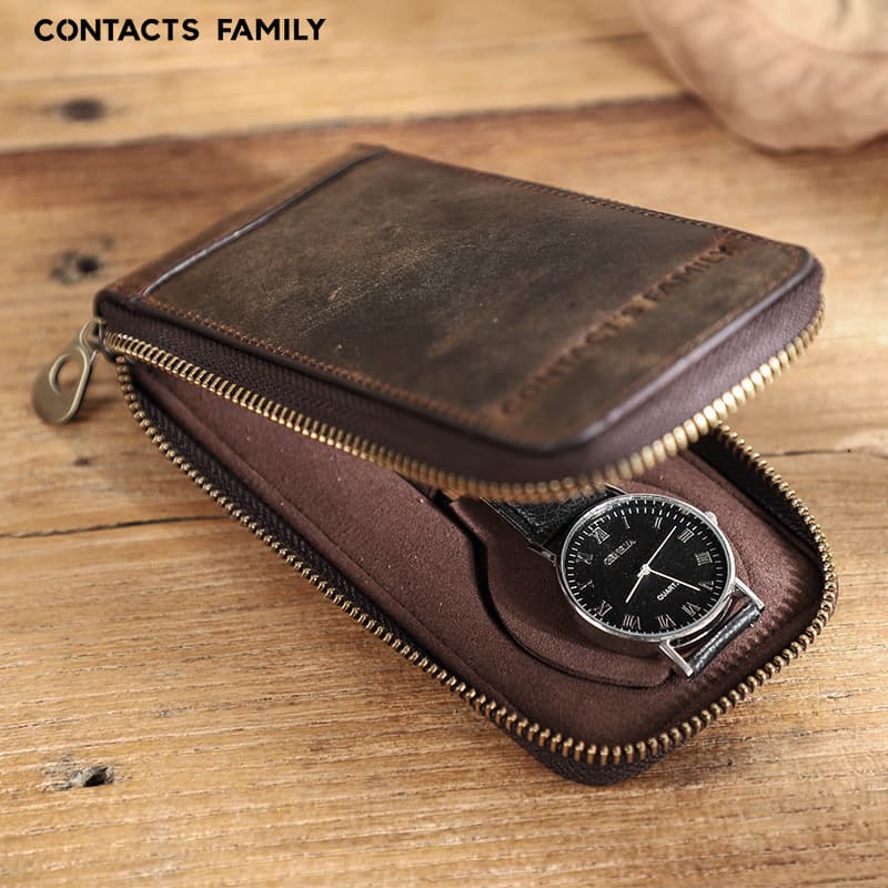 Vintage Contacts Family Mad Horse Leather Watch Storage Box Single Piece Convenient Zipper Watch Skin Case for Gift And Business