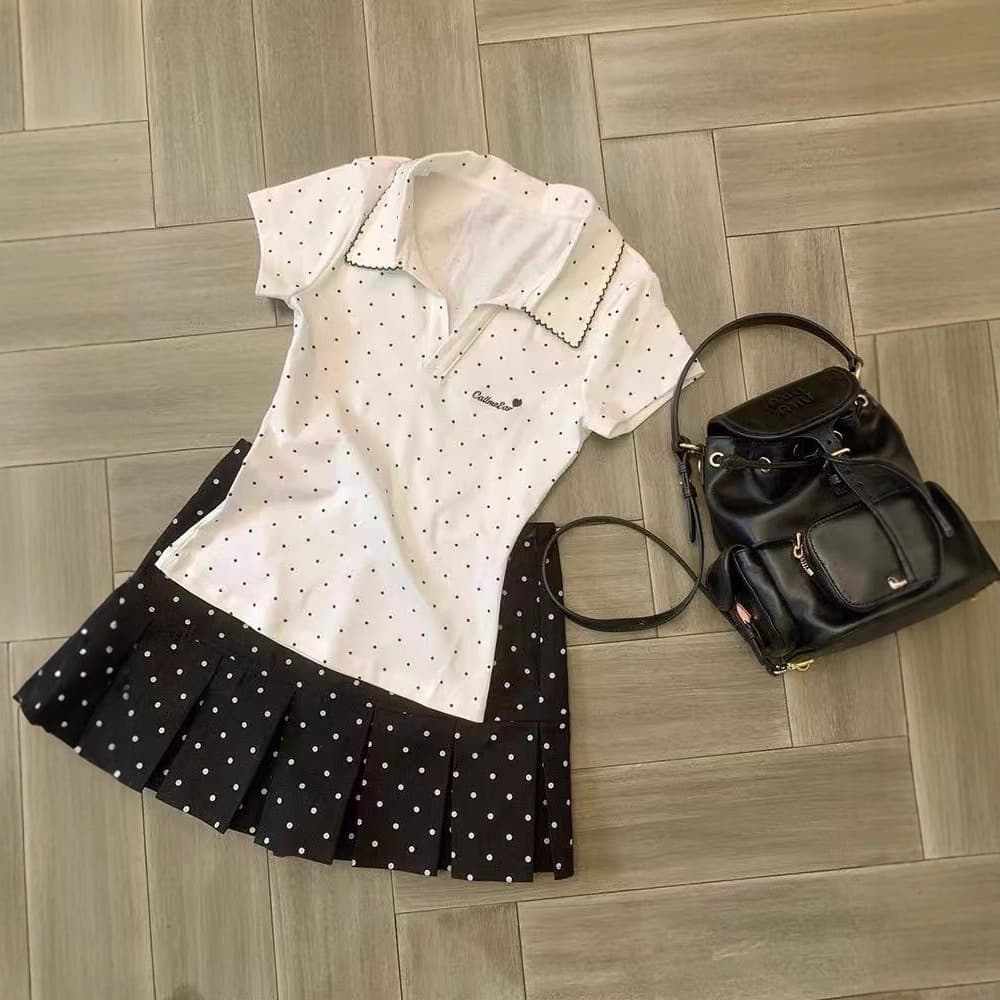White Polka Dot Embroidered Polo Shirt, Regular Shoulder Short-Sleeve T-Shirt for Women, 2025 New Summer Slim-Fit Short Style Spicy Girl Top