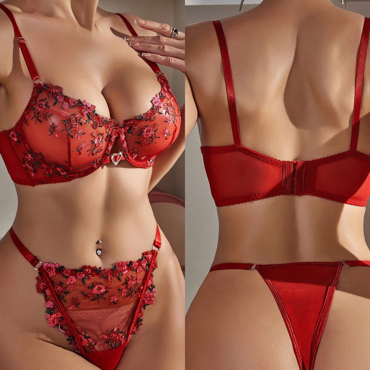 European and American Size Lingerie Set with Embroidered Pattern Bra, Cross-border Sexy Three-Piece Underwear Set 8598