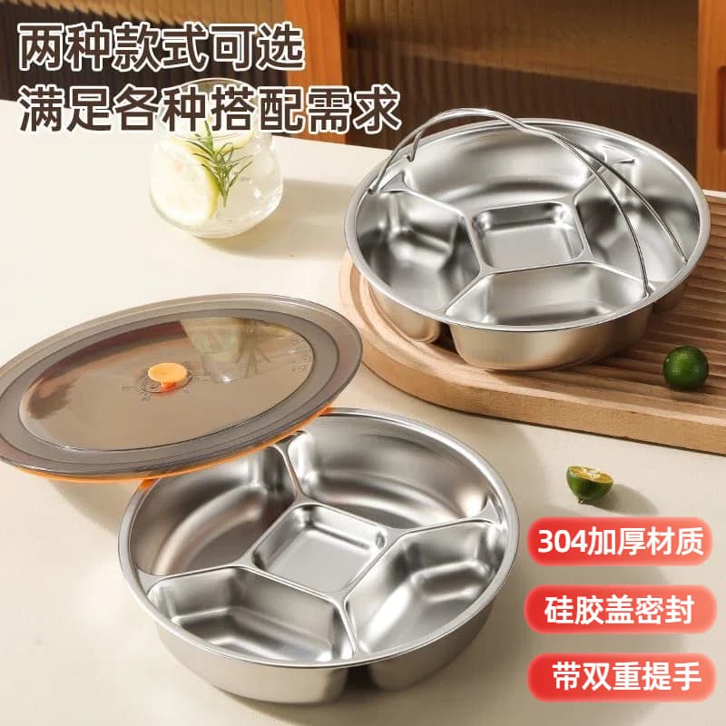 304 Stainless Steel 5-Compartment Serving Tray with Handle, Thickened Prep Tray for Ginger, Garlic, and Scallions, Food-Grade Fruit and Snack Plate