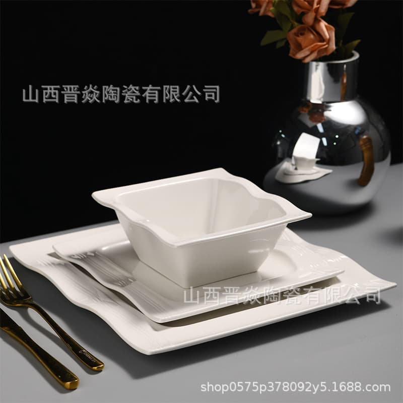 Ceramic tableware set pure white thickened square western steak plate salad bowl ceramic tableware set