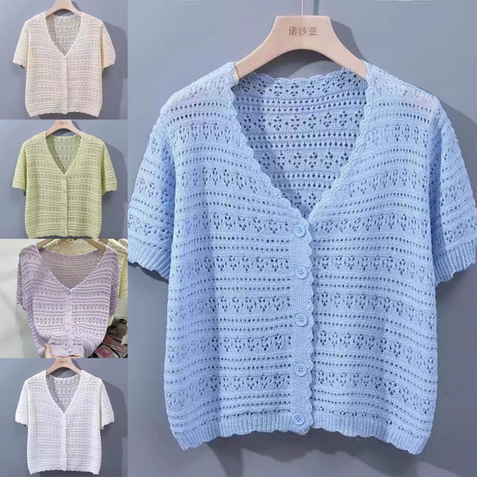 Summer Hollow Blouse Short-Sleeved Tops for Women, Sun Protection Cardigans, Versatile, Fresh and Sweet Style, Crocheted Short Knitwears for Women
