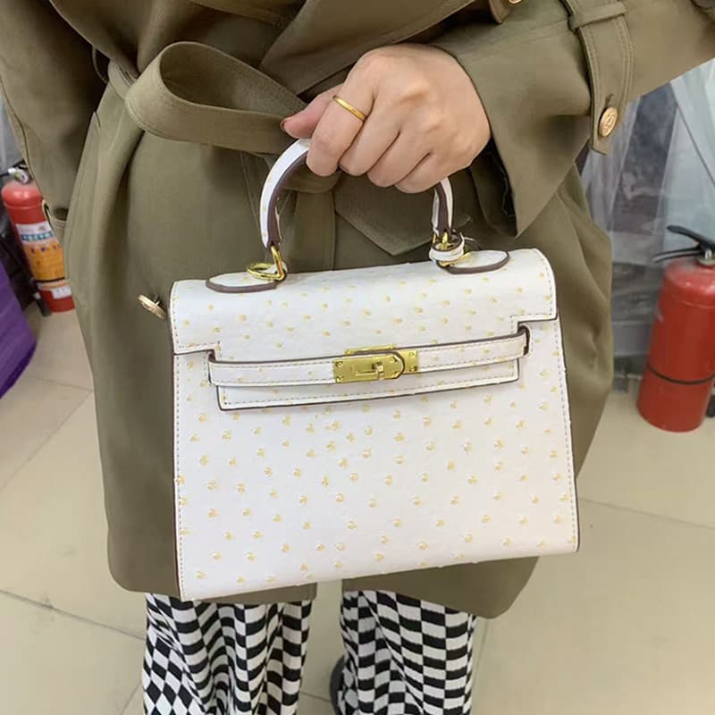 Ostrich Pattern Second Generation Kelly Bag Women's High-End 25cm Platinum Shoulder Bag Genuine Leather Large Capacity Satchel Crossbody Bag