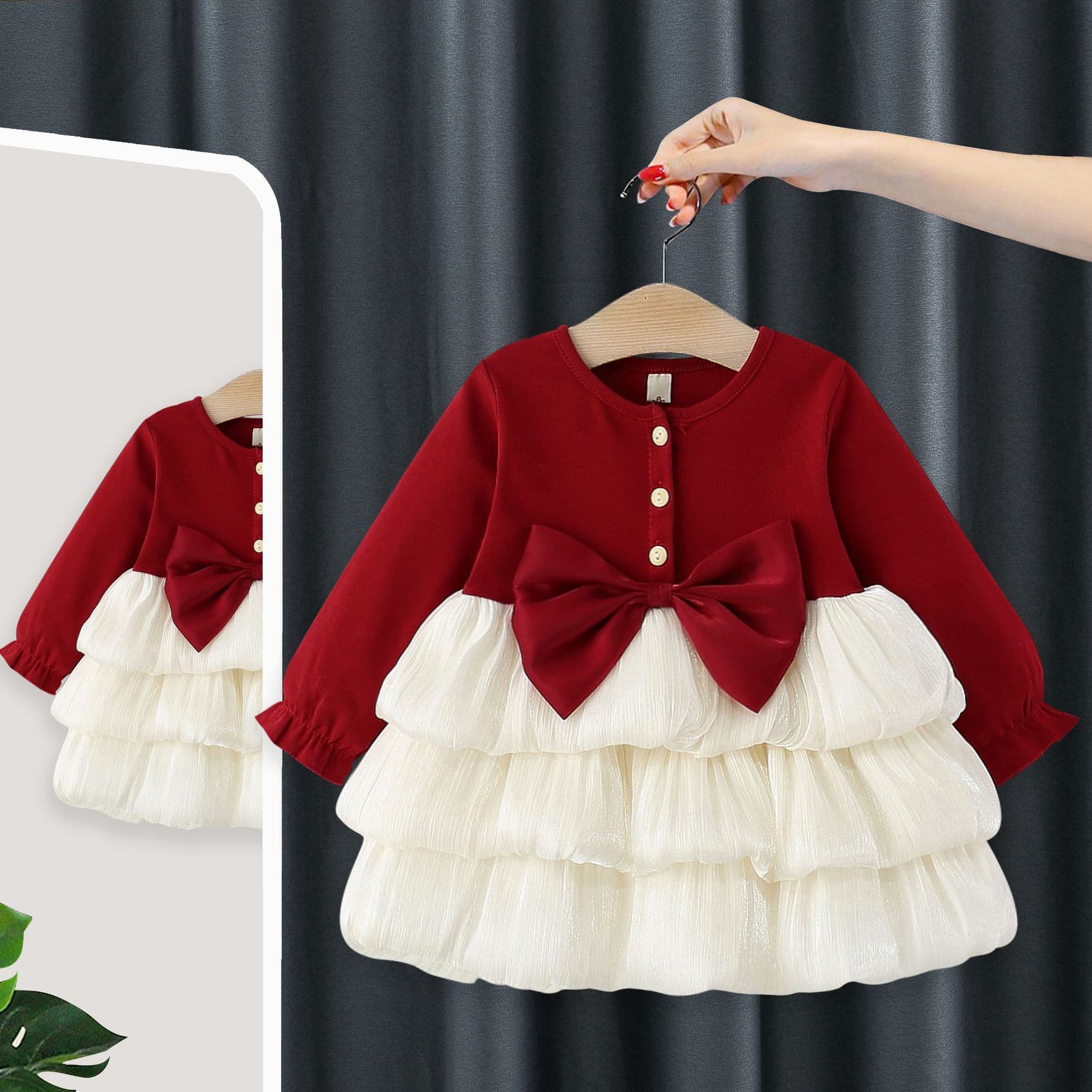 2025 Spring/Autumn New Girls' Dresses, Sweet Large Bow Long-sleeve Princess Dress, Baby Clothes 5316