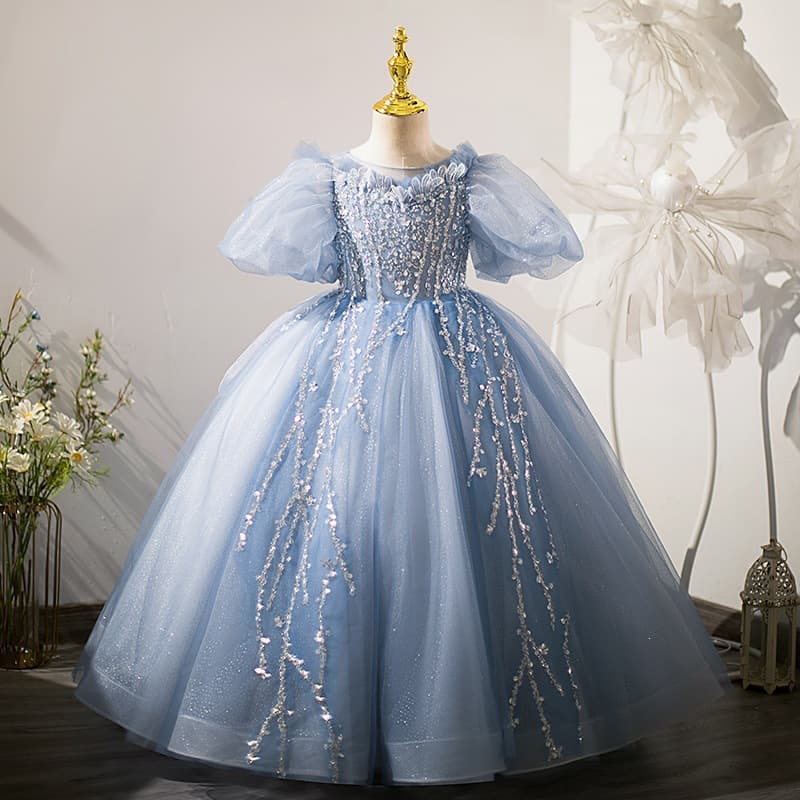 Children's Formal Dress Blue Puff Sleeve Tulle High-End Girls Princess Dress Model Runway Piano Performance Costume