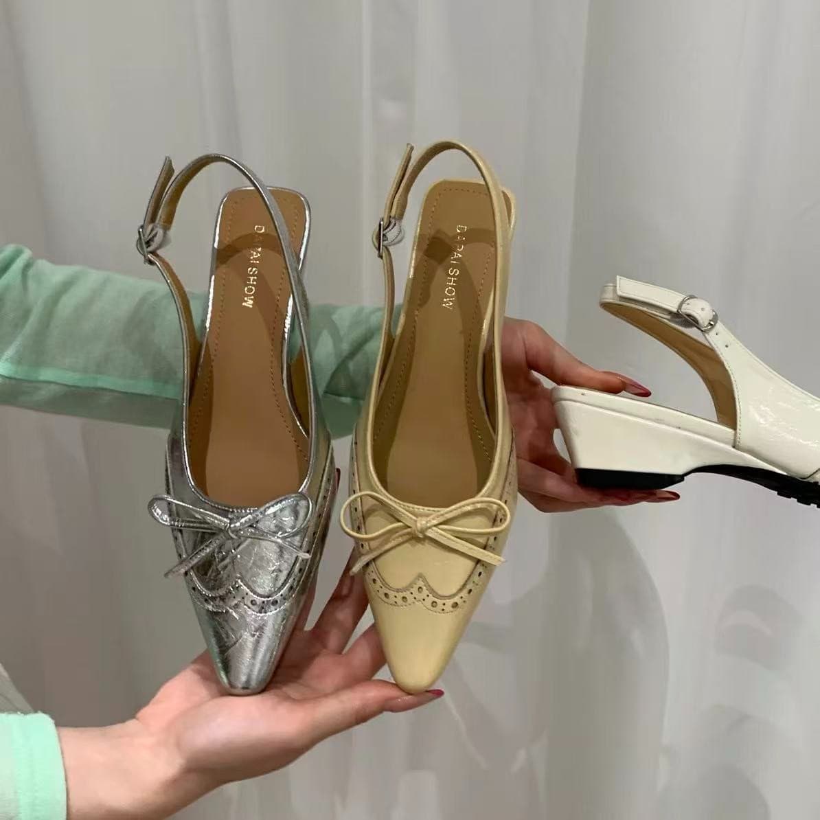 Soft leather soft bottom bag toe open back sandals square toe women's shoes 2026 summer hollow bow wedges high heels women's shoes