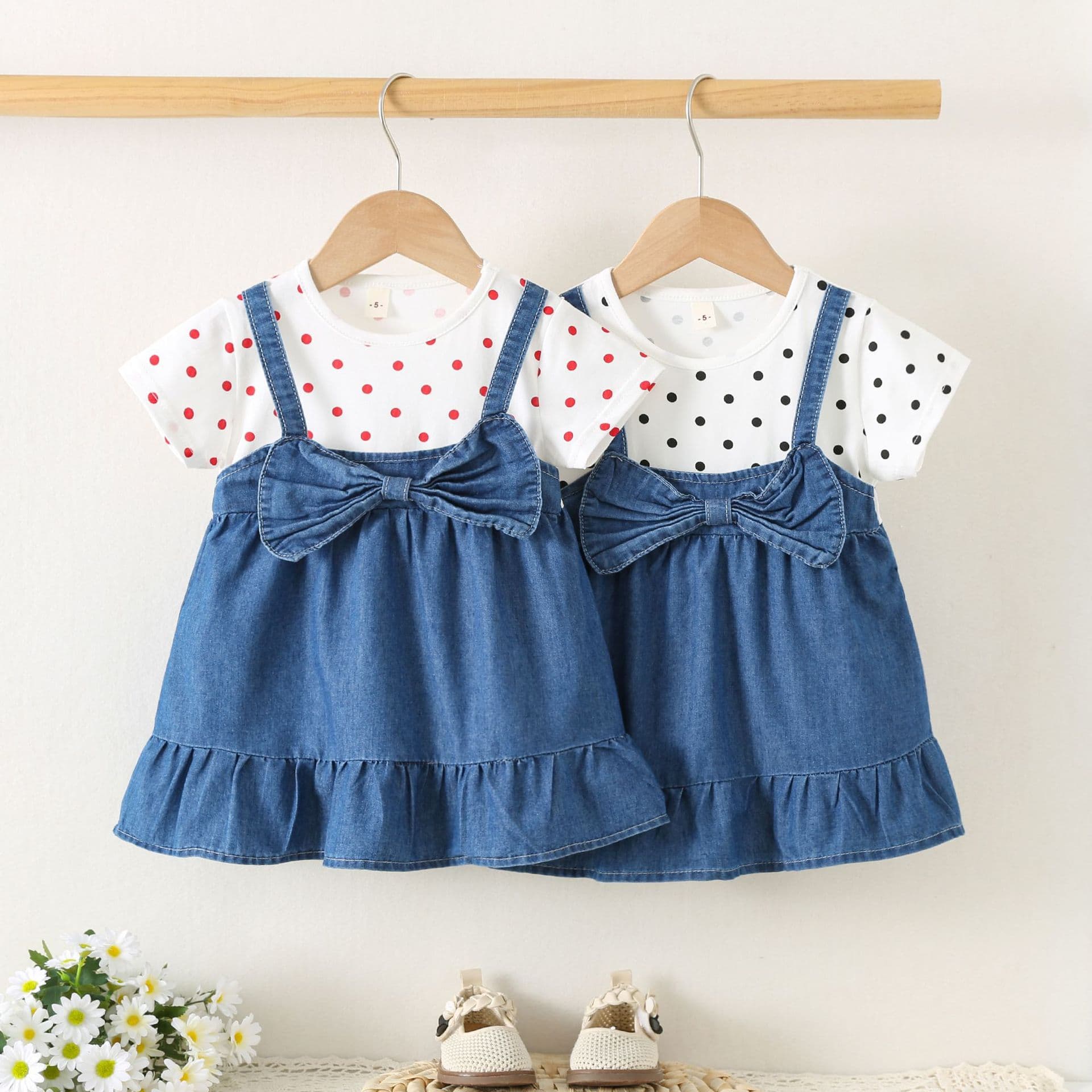 1788 Girls Summer Dress 2026 New Princess Style Polka Dot Faux Two-Piece Denim Dress Fashionable Princess Dress