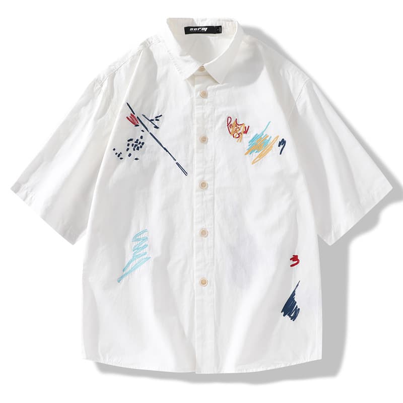 2026 Summer New Short Sleeve Men's Pure Cotton Shirt Loose Trendy Embroidered Lapel Casual Versatile Cross-Border Top for Men