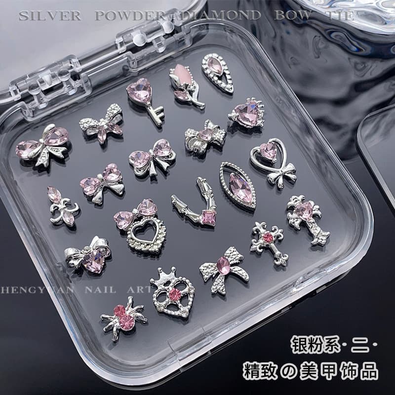 Popular Bow Nail Art Jewelry Accessible Luxury Girly Pink Diamond Alloy Cross Heart Key Nail Decoration Accessories