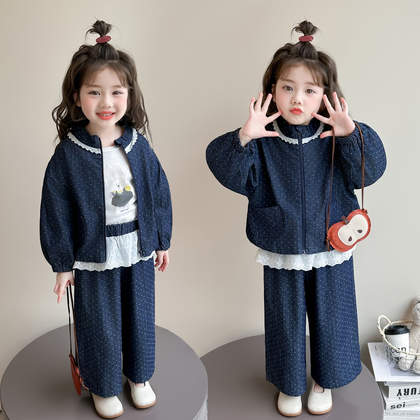 Korean style girls' jacquard denim two-piece set spring and autumn 2026 new children's fashion little girl's western style two-piece set