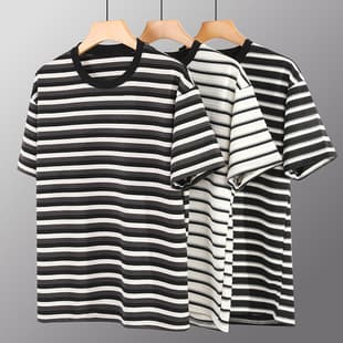Cross-Border Summer New Short Sleeve T-Shirt Men Striped Loose Retro Vintage Tee Couple Casual Round Neck