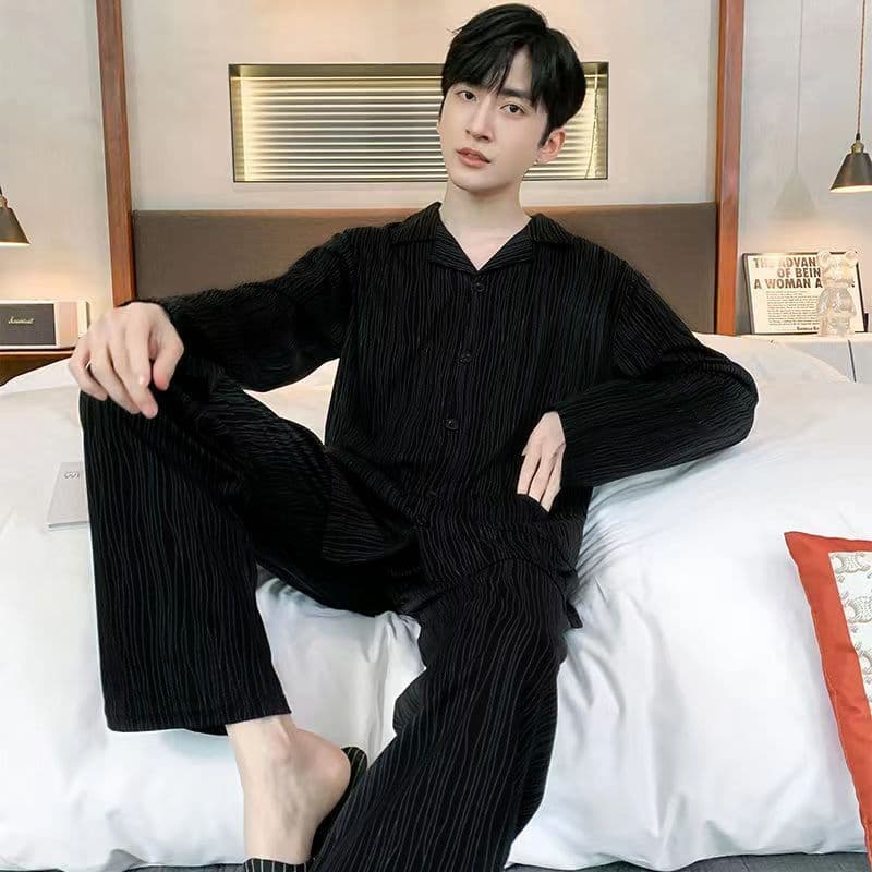100% cotton pajamas for men spring and autumn long-sleeved new men's large size student home wear set can be worn outside