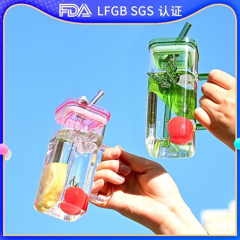 Viral square glass multi-color butterfly cup with handle, home use with lid, high appearance, direct use or straw dual-purpose, high borosilicate
