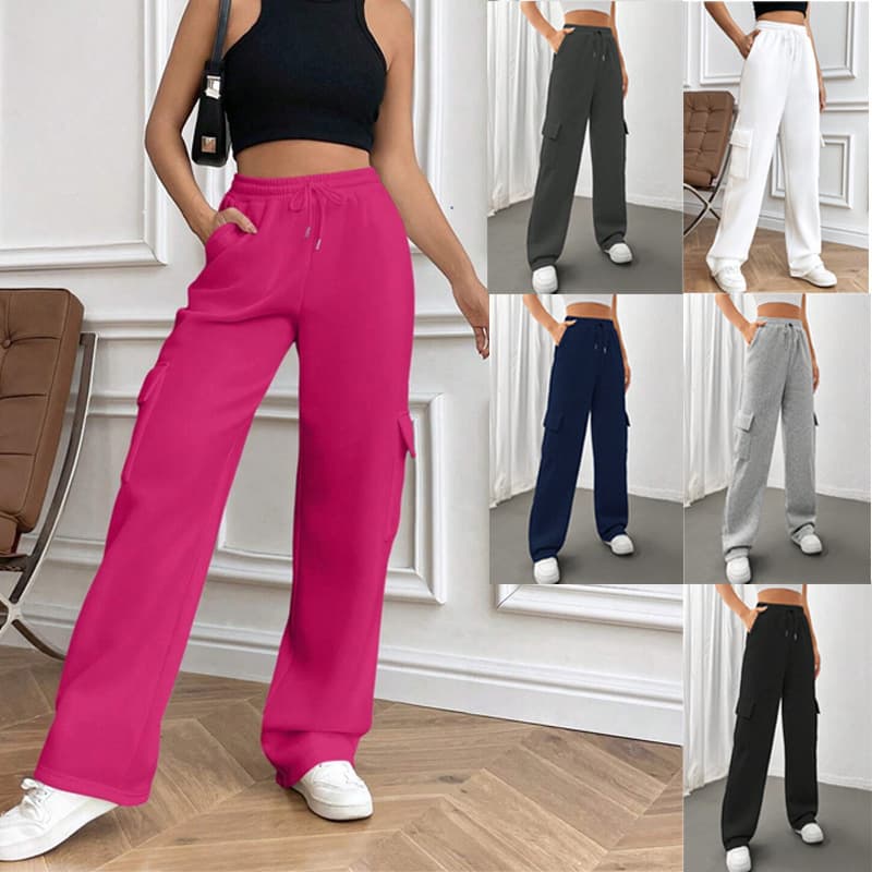 Amazon European and American Cross-Border Women's Fall/Winter New Fashion Side Pocket Solid Straight Wide-Leg Cargo Sweatpants
