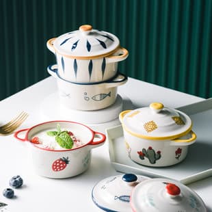 Ceramic Hand-Painted Steamed Egg Bowl Baby Food Bowl Underglaze Color Microwave Oven Safe with Lid Small Bowl Souffle Pudding Bowl
