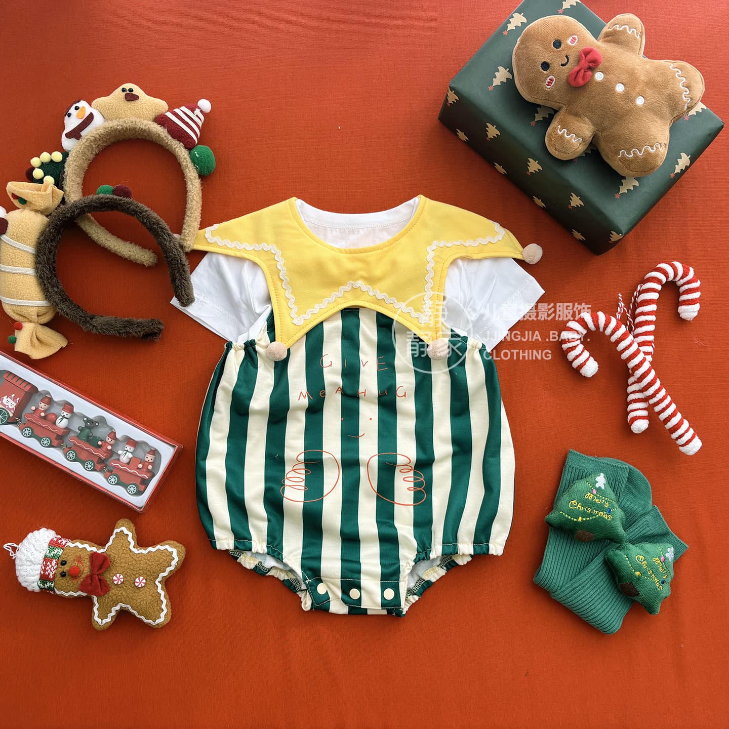 100-Day Christmas Theme Photography Outfit Green Striped Bodysuit Baby Boy Girl Photo Clothes