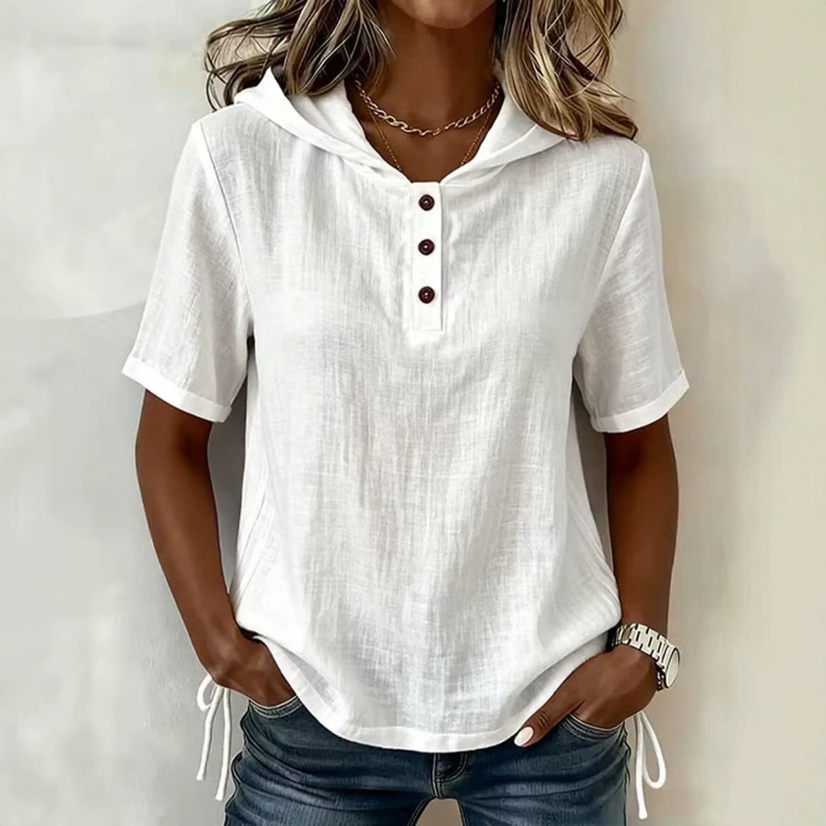 2026 Amazon Women's Summer Button-Up Linen Short Sleeve T-Shirt Beach Casual Hooded Solid Color Shirt