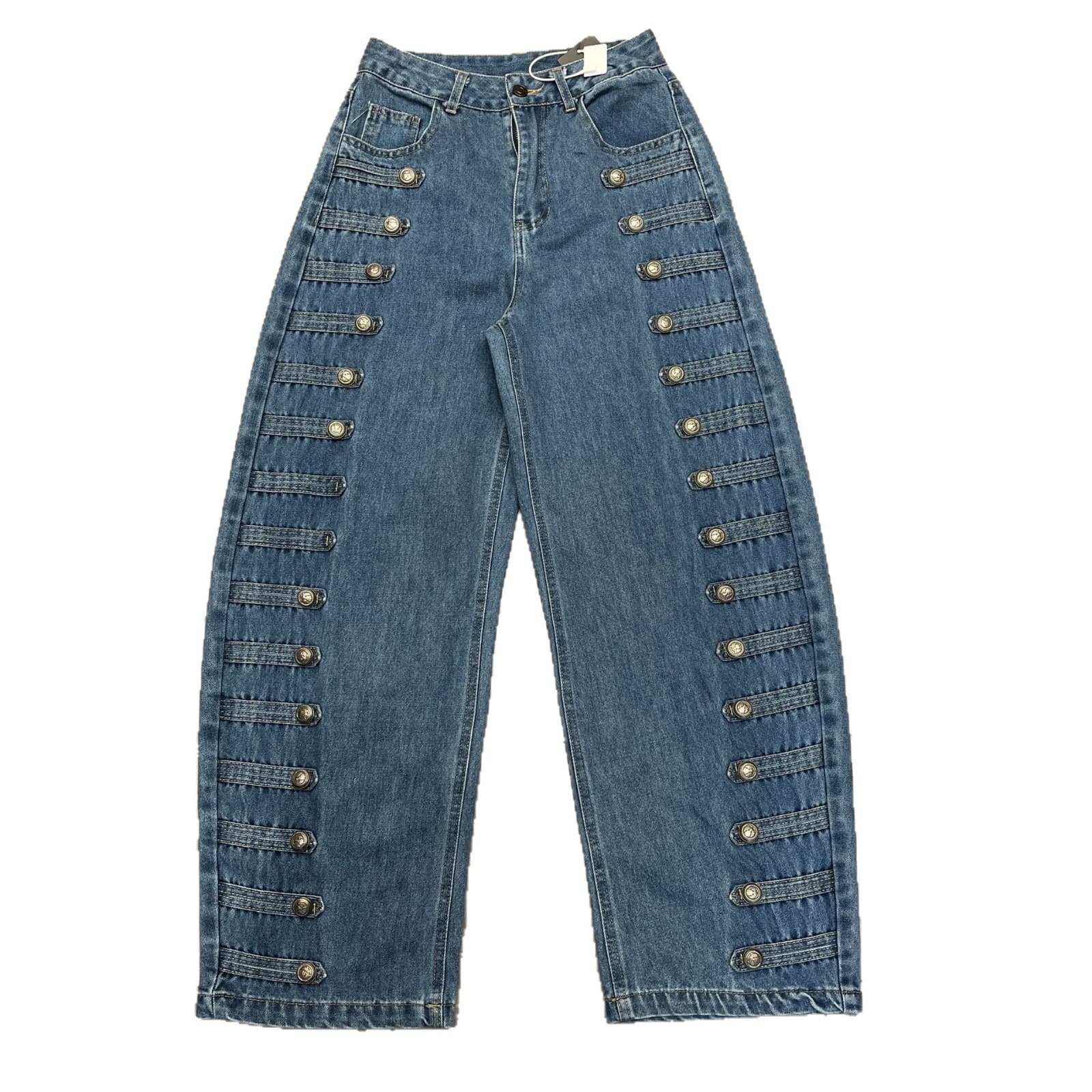 European Style Side Multi-Button Wide-Leg Jeans for Women, High-Waist Flowy Slimming Straight-Leg Pants, Trendy