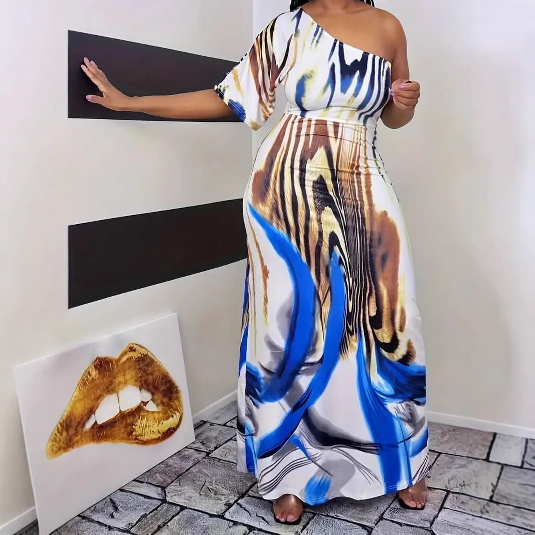 Cross-border European and American new style wish women's clothing independent station fashionable casual color single-sleeved slanted shoulder jumpsuit long skirt