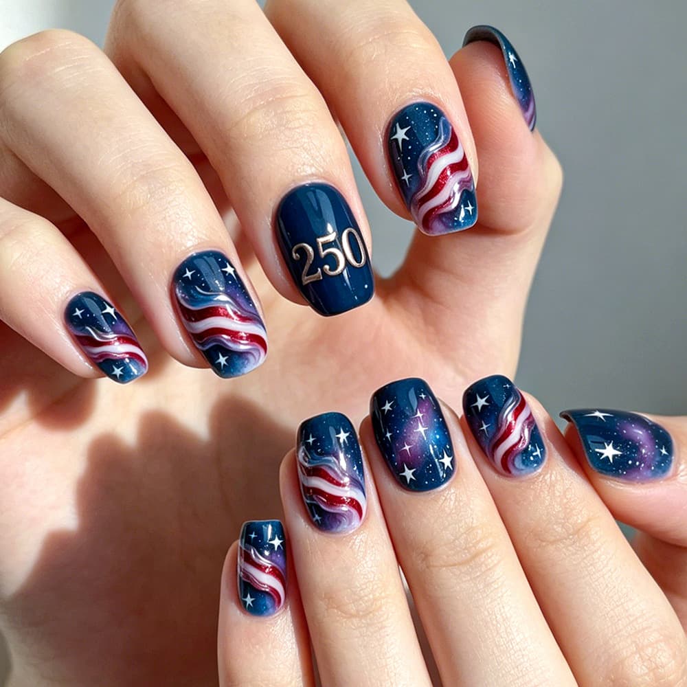 Short Glossy European-Style Nail Art, European and American Cross-Border Independence Day Starry Sky Wave Resin Embossed Wearable Nails, 30 Pieces, Detachable