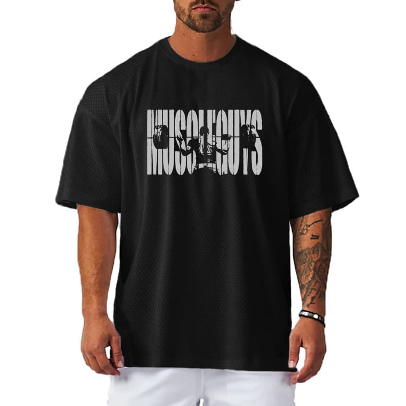 Men's mesh plus size short-sleeved loose round neck fitness muscle T-shirt summer quick-drying casual running top