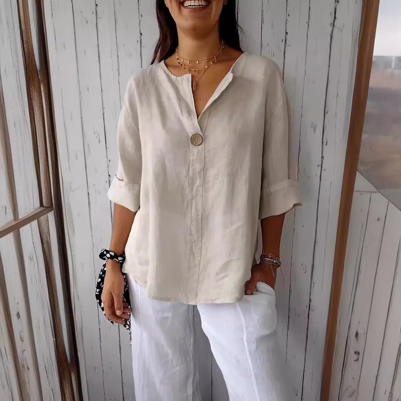 Amazon 2026 Cross-border EU/US Summer New Loose T-shirt Women V-neck Cotton Linen Button Top