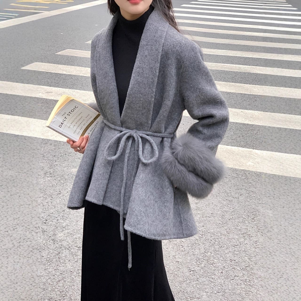 Double-Faced Wool Coat for Women with Fox Fur Trim Sleeves, Winter New Arrival, Premium Elegant Gray Woolen Overcoat